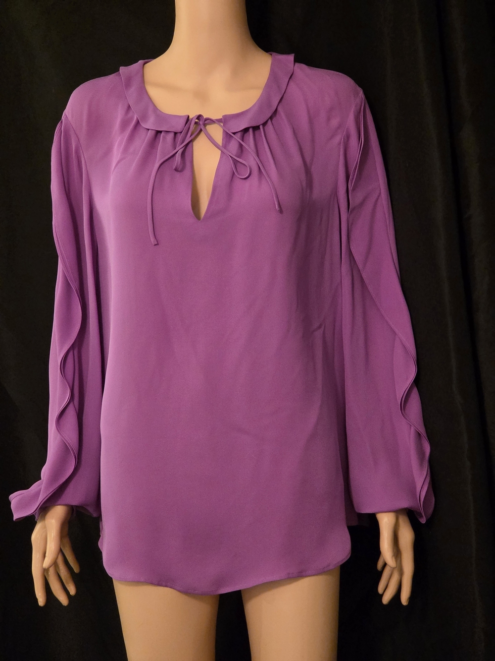 St. John Purple Tie-Neck Ruffle Sleeve Tunic Top